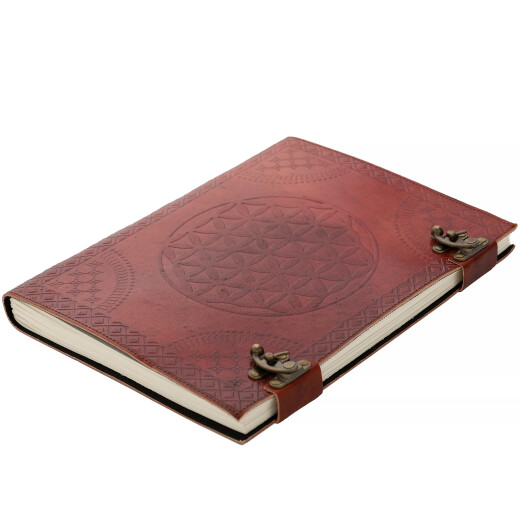 Starožitný ručně vázaný kožený zápisník s reliéfní ražbou prolínajících se kruhů